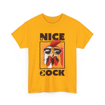 Front view of the yellow Unisex Nice Cock Graphic Tee, displaying the vibrant cartoon chicken design in a playful and chic style.