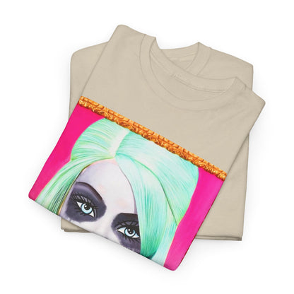 Why So Serious Joker Barbie Women's Graphic T-Shirt folded to reveal a premium quality fabric with a stunning pop art design featuring an alluring Barbie character, perfect for stylish, edgy fashion.