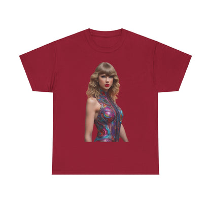 Swifties psychedelic Taylor Swift Heavy Cotton Tee in deep red featuring an eye-catching psychedelic design.