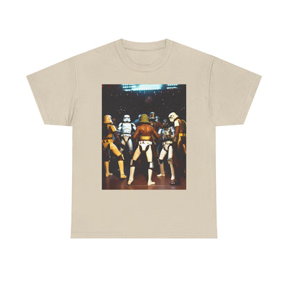 Chic beige t-shirt displaying a vibrant scene of Stormtroopers interacting in a stylish setting, perfect for those who admire Star Wars.