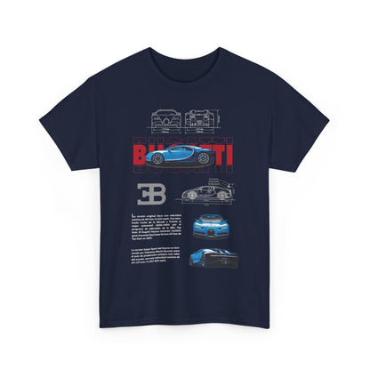 Luxurious navy blue Bugatti Chiron t-shirt, featuring intricate designs and text celebrating the remarkable supercar, ideal for car aficionados.
