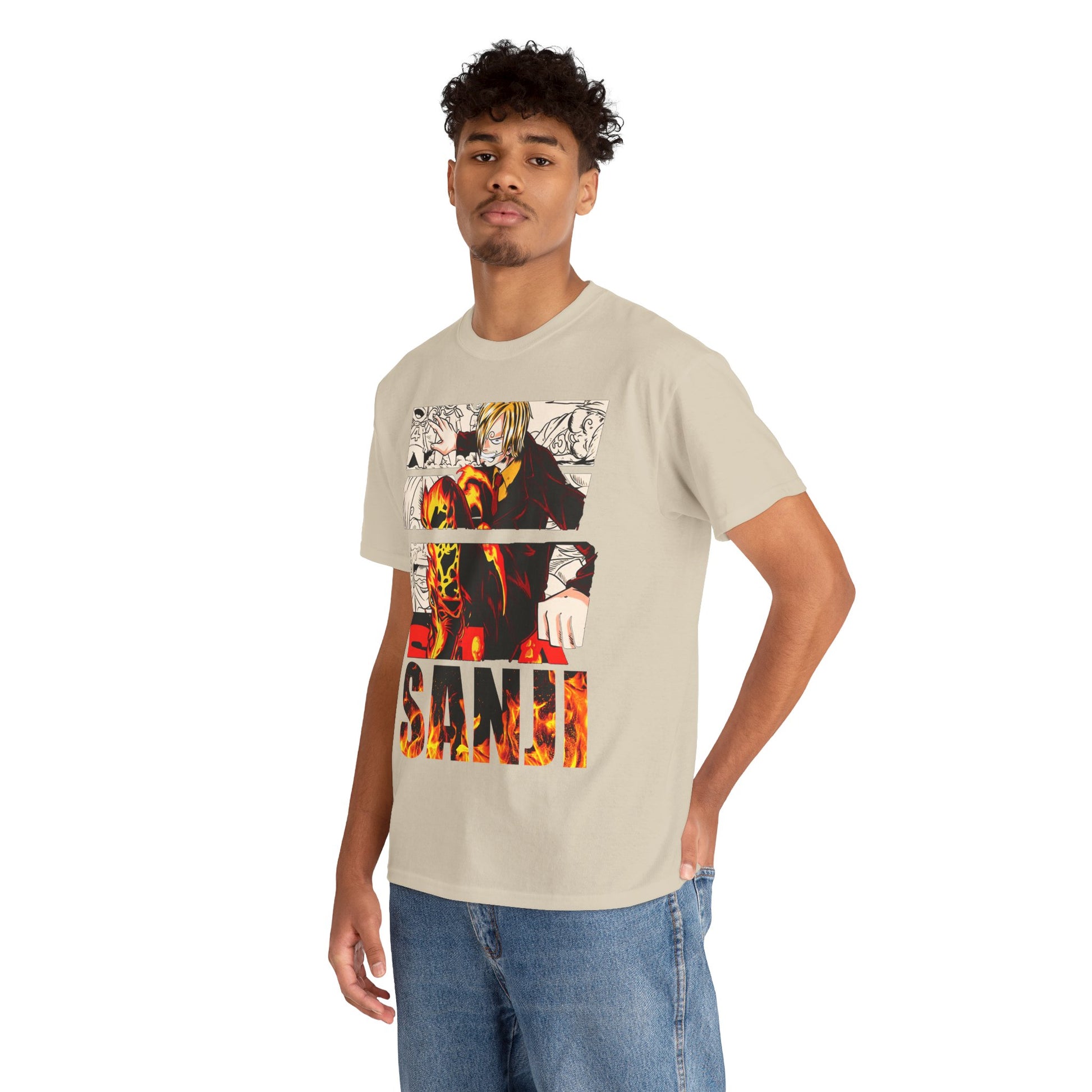 Fashionable model wearing a luxury Sanji graphic tee, exuding charisma with a stunning anime-inspired design that complements casual elegance.