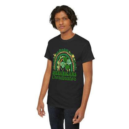 Male model wearing St Patricks Day Unisex Men's Women's Graphic Cotton Funny T Shirt Tee Vintage, featuring a striking 'Shenanigans Coordinator' design, perfect attire for St. Paddy’s Day parties and gatherings.