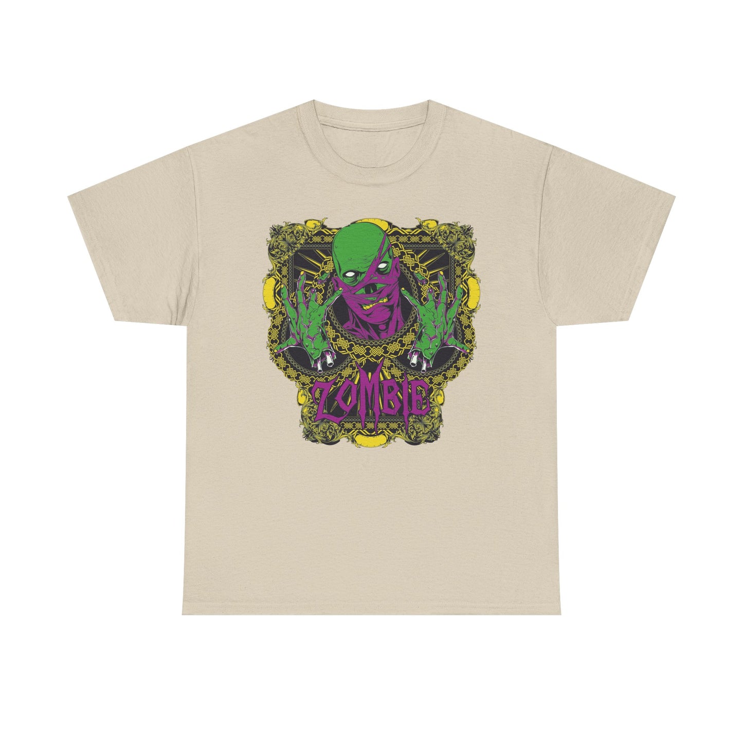 Elegant beige men's T-shirt displaying a dramatic zombie artwork in green and purple, framed with intricate yellow accents and prominently featuring the word 'ZOMBIE'.