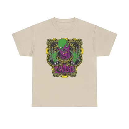 Elegant beige men's T-shirt displaying a dramatic zombie artwork in green and purple, framed with intricate yellow accents and prominently featuring the word 'ZOMBIE'.