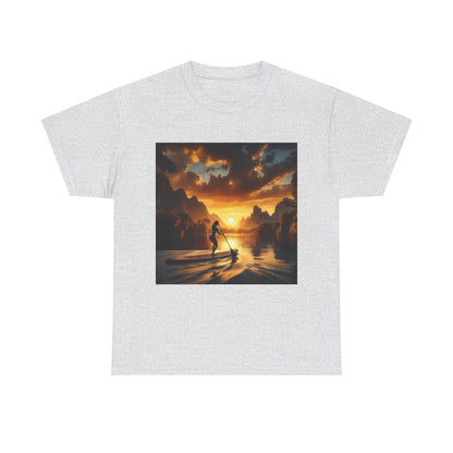 Model wearing the Luxury Paddle Boarding T-Shirt by Dazzling Dreams Studio, styled for leisure outdoor activities, ideal for water sports enthusiasts.