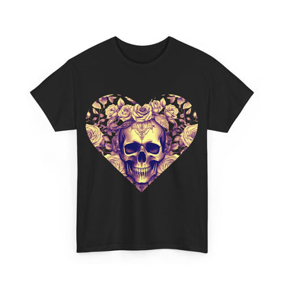 Front view of the Skulls and Roses Cotton Tee in black, featuring an intricate skull design with roses, ideal for those embracing unique and edgy fashion.
