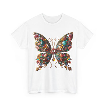 Front view of the Enchanting Butterfly Brooch Unisex T-Shirt featuring an intricate butterfly graphic embellished with vibrant gemstones, ideal for making a fashion statement.