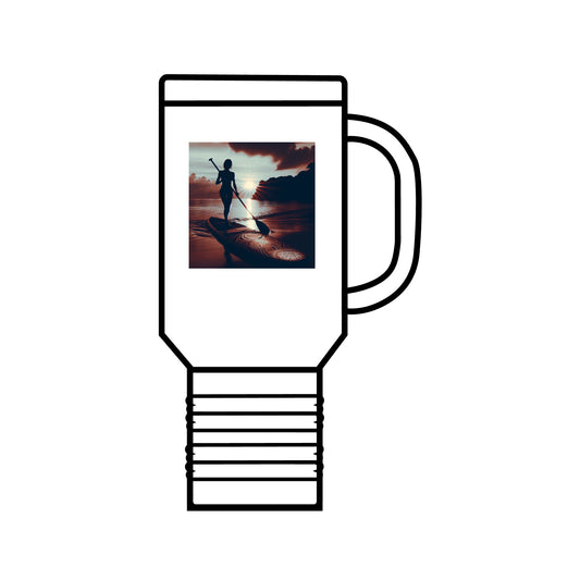 Fantasy Paddleboarding Insulated Travel Mug showcasing a paddleboarder silhouetted against a stunning sunset, representing adventure and luxury for outdoor enthusiasts.