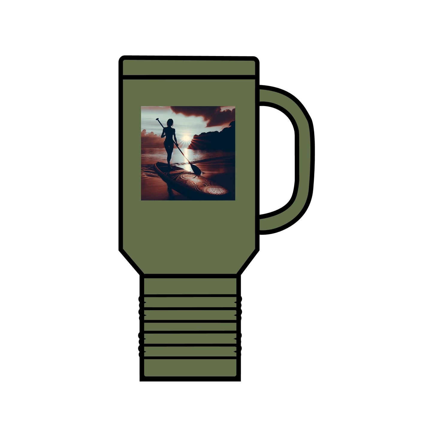 Elegant Fantasy Paddleboarding Insulated Travel Mug adorned with a unique paddleboarding illustration, ideal for discerning adventurers who appreciate luxury.