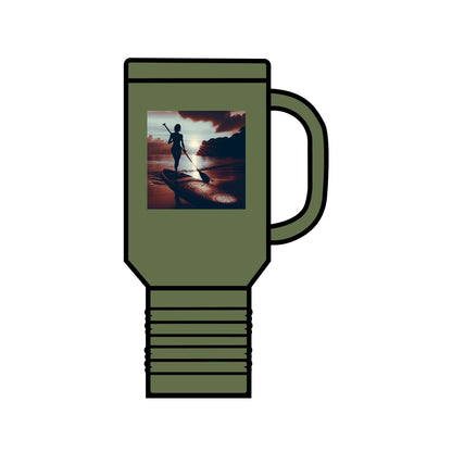Elegant Fantasy Paddleboarding Insulated Travel Mug adorned with a unique paddleboarding illustration, ideal for discerning adventurers who appreciate luxury.
