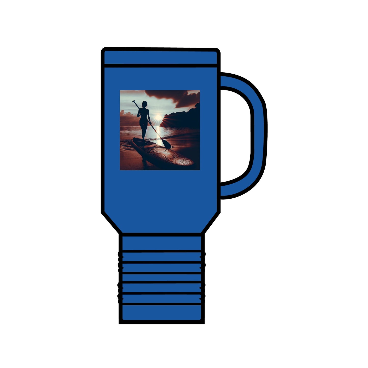 Chic Fantasy Paddleboarding Insulated Travel Mug - 40oz Premium Stainless Steel in a desirable blue hue, featuring a serene paddleboarding scene at dusk.