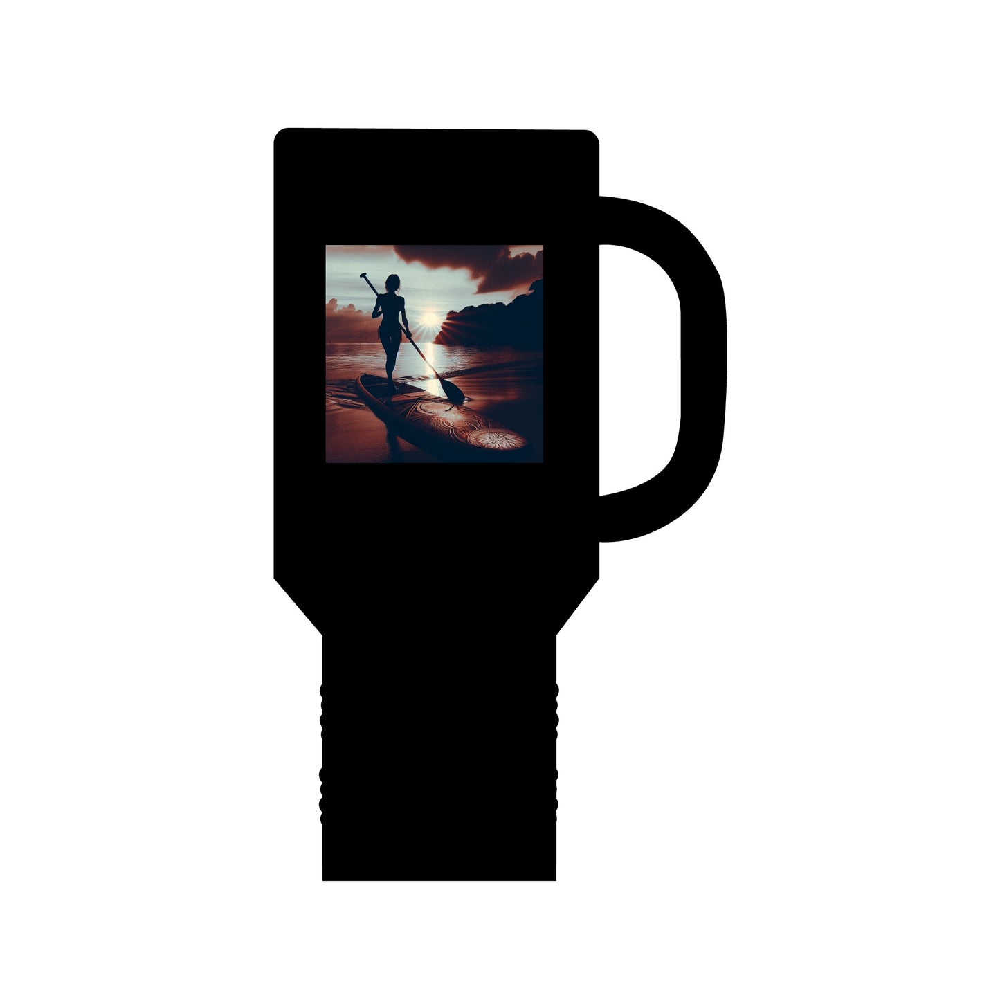 Luxury Fantasy Paddleboarding Insulated Travel Mug - 40oz Premium Stainless Steel featuring a paddleboarder silhouette against a stunning sunset background.