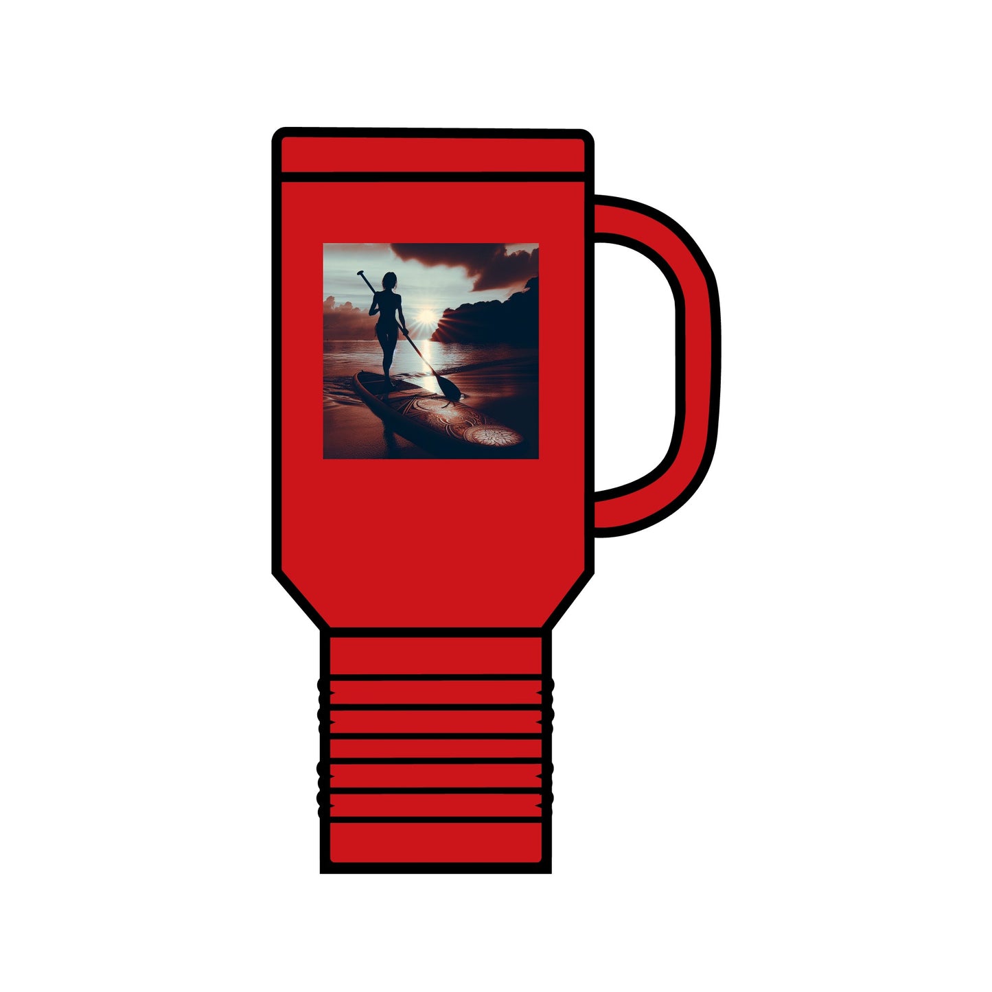 Elegant Fantasy Paddleboarding Insulated Travel Mug - 40oz Premium Stainless Steel in vibrant red, showcasing a paddleboarder silhouette at sunset.