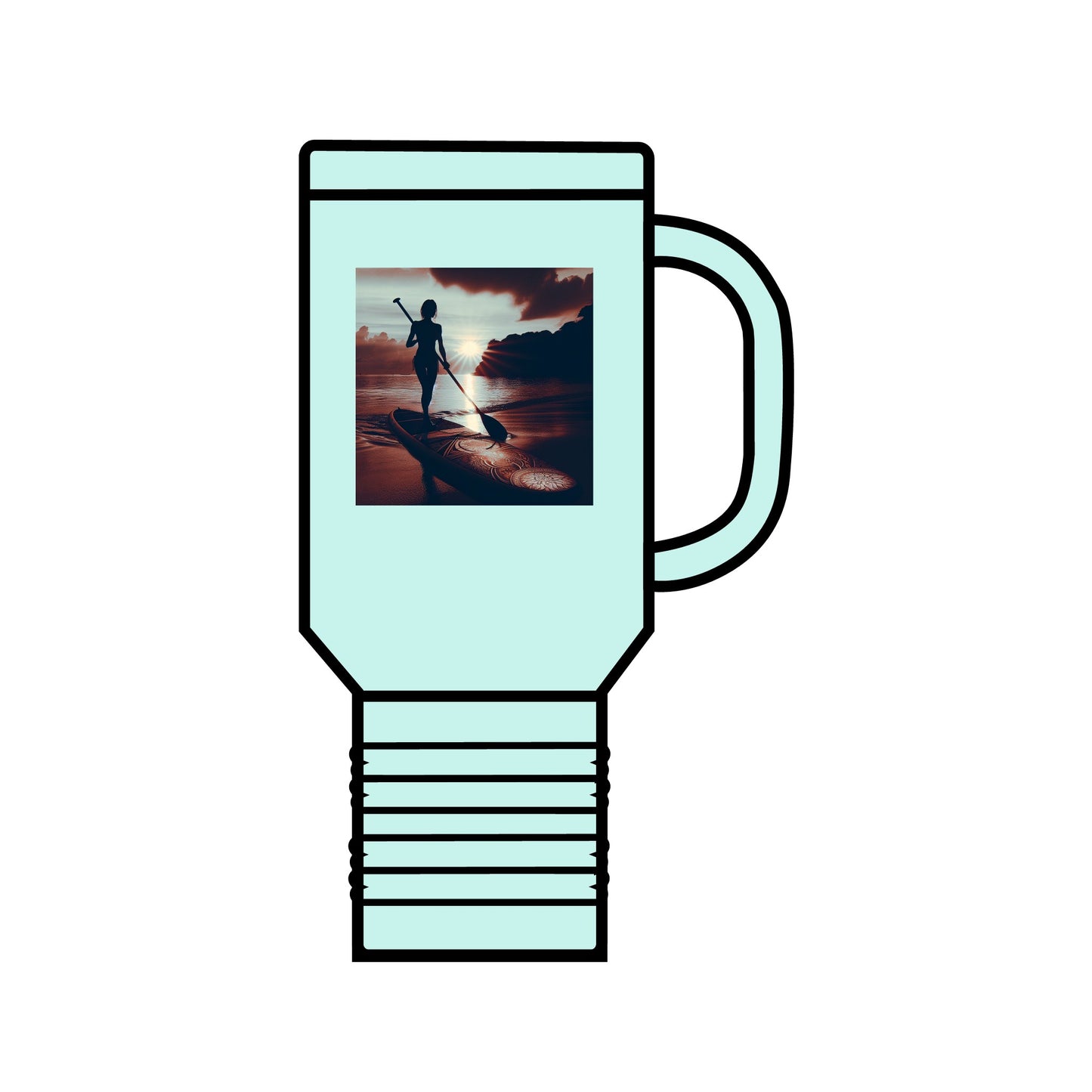 Stylish Fantasy Paddleboarding Insulated Travel Mug - 40oz Premium Stainless Steel in refreshing mint, designed with a captivating paddleboarder under a sunset.