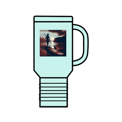 Stylish Fantasy Paddleboarding Insulated Travel Mug - 40oz Premium Stainless Steel in refreshing mint, designed with a captivating paddleboarder under a sunset.