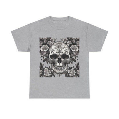 Skulls and Roses Cotton Tee in grey, showcasing a stunning steampunk design featuring intricate skull and rose artwork, perfect for alternative fashion enthusiasts.