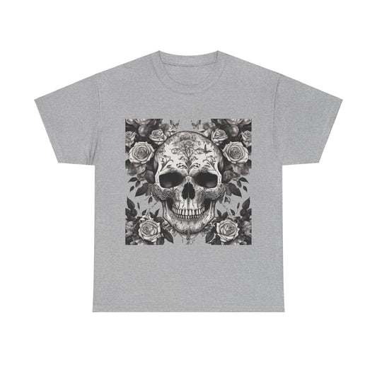 Skulls and Roses Cotton Tee in grey, showcasing a stunning steampunk design featuring intricate skull and rose artwork, perfect for alternative fashion enthusiasts.