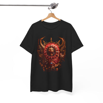 Luxurious black graphic t-shirt featuring a striking Warhammer-inspired design, showcasing intricate details of a fierce creature surrounded by ornate spikes on the chest.