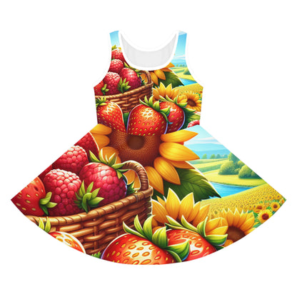 Sophie Rosendale Girls Summer Fruits Cartoon Pencil Skirt featuring a vibrant design of strawberries, raspberries, and sunflowers, perfect for stylish summer outings.