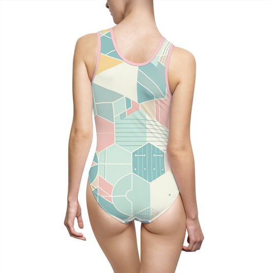 Back view of the Sweat Symphony: Harmonizing Symphony Women's Classic One-Piece Swimsuit, highlighting its elegant U-shaped cutout and stylish geometric patterns, ideal for fashionable swimwear.