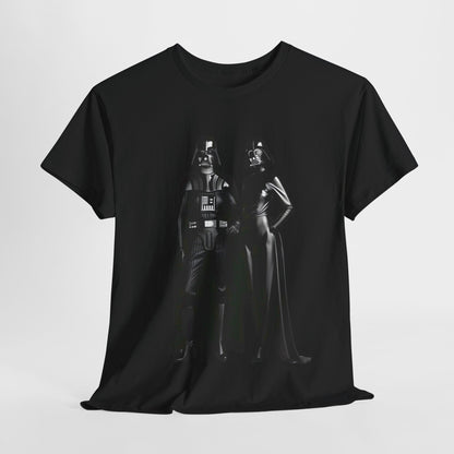 Mr + Mrs Vader Star Wars Unisex Mens Graphic Cotton Funny T Shirt Tee Vintage featuring iconic Sith figures in a bold design, perfect for fans of luxurious sci-fi fashion.