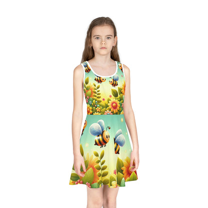 Sophie Bellaire Girls Vibrant Cartoon Garden Sundress with Dancing Bumblebees, showcasing a young girl in a beautifully designed sundress featuring vibrant flowers and playful bumblebee motifs, perfect for summer outings.