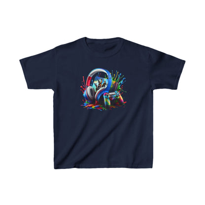 Unisex Children's Gaming Graphic Cotton Tee in navy, showcasing an eye-catching graphic of gaming headphones and a controller, crafted for comfort and style in breathable cotton.