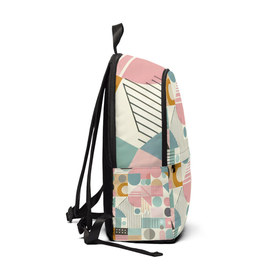 Functional and spacious backpack with a vibrant geometric design in pastel colours, perfectly crafted by Dazzling Dreams Studio for students and professionals seeking chic elegance.