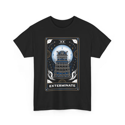 Elegant Dr Who Dalek Tarot Unisex T-Shirt showcasing a striking Dalek illustration against a starry background, perfect for trendsetting enthusiasts.
