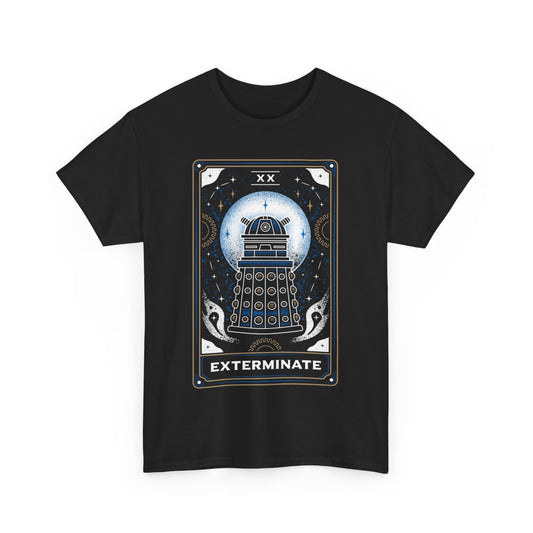Elegant Dr Who Dalek Tarot Unisex T-Shirt showcasing a striking Dalek illustration against a starry background, perfect for trendsetting enthusiasts.