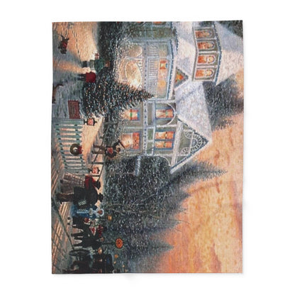 Elegant Decorative and Warm Christmas Arctic Fleece Blanket with a stunning illustration of a festive outdoor gathering near a decorated house, perfect for luxurious holiday décor.