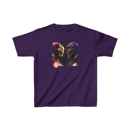 Kids Iron Man Heavy Cotton T-Shirt in regal purple, adorned with an eye-catching Iron Man and Thanos design, perfect for little superhero enthusiasts.