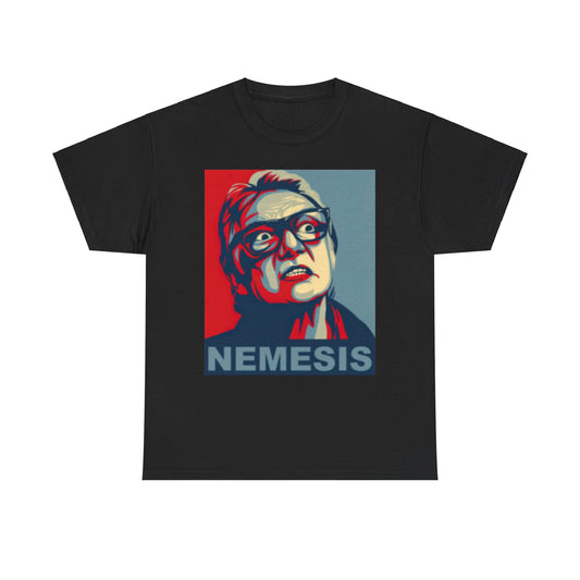 Stylish black unisex tee adorned with an eye-catching 'Nemesis' graphic, perfect for making a daring fashion statement.