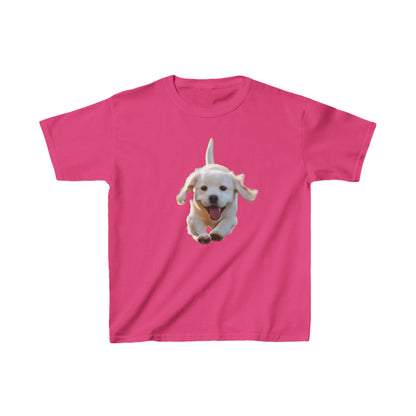 Leaping Puppy Kids Tee embellished with a charming leaping puppy image on a vibrant pink cotton t-shirt, perfect for adding joy to your child's wardrobe.