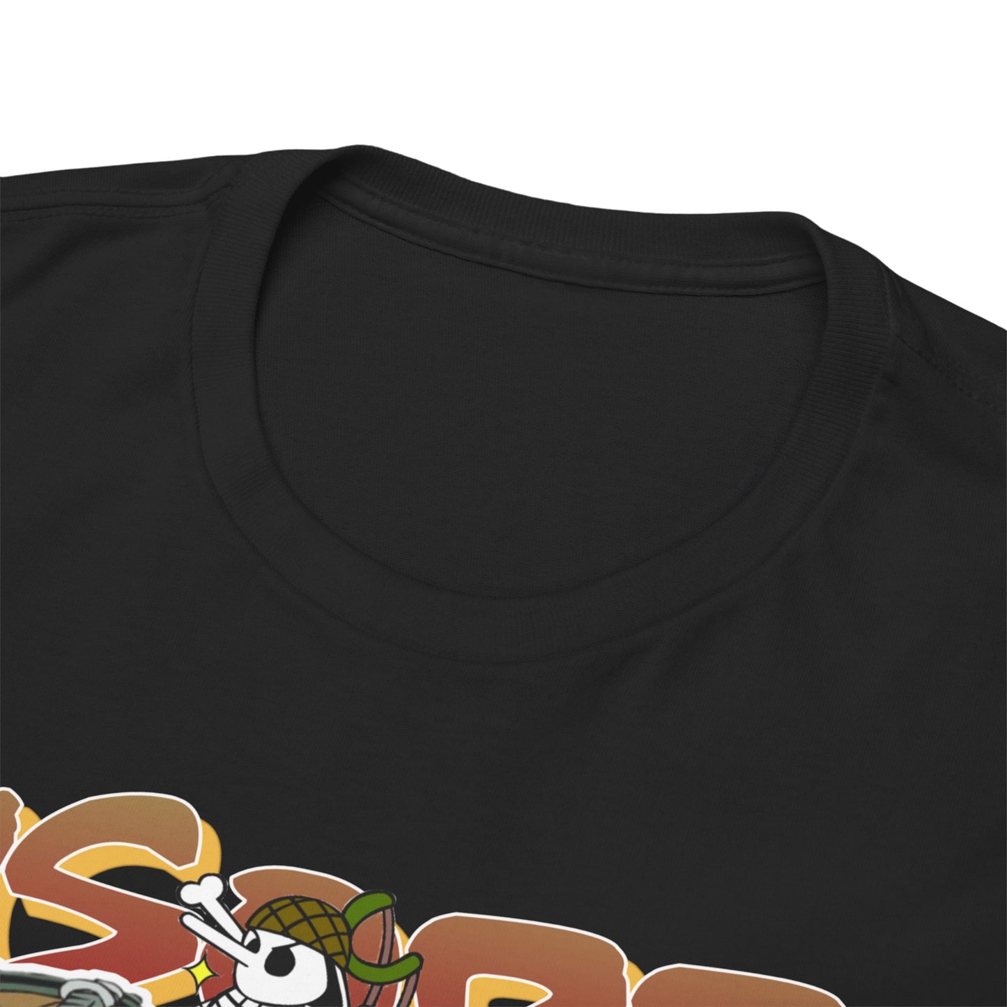 Close-up of the neckline and collar of a luxurious anime-themed t-shirt showcasing vibrant character designs.