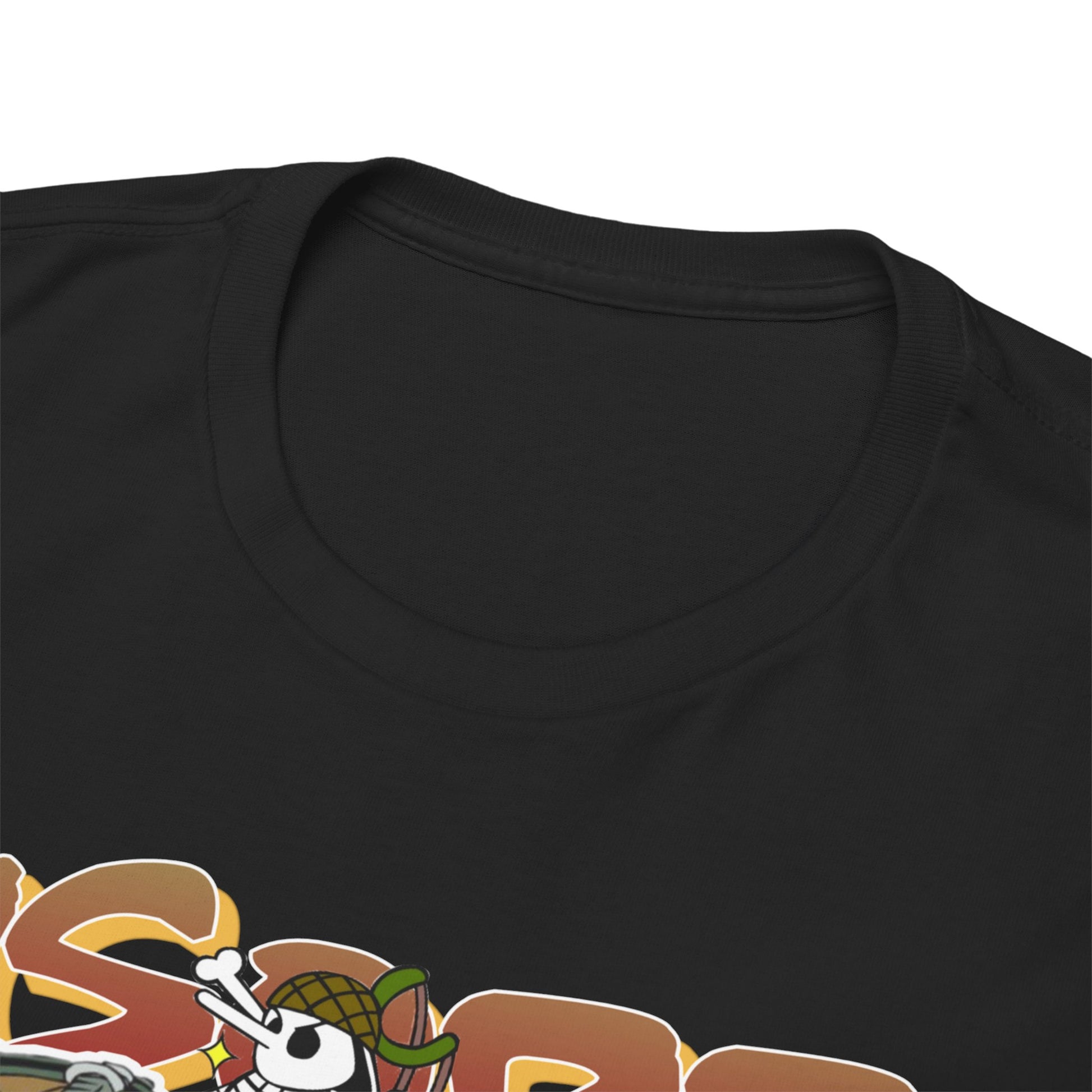 Close-up of the neckline and collar of a luxurious anime-themed t-shirt showcasing vibrant character designs.