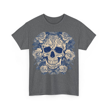 Front view of the Skulls and Roses Cotton Tee featuring a stunning steampunk design with a skull and roses motif, perfect for alternative fashion enthusiasts.