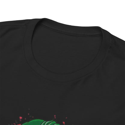 Close-up view of the neckline of the Men's Funny T Shirt showcasing the Joker Minion design, highlighting quality and style. A must-have for fans of funny and unique Minion apparel. T Shirt, Funny, Minions.