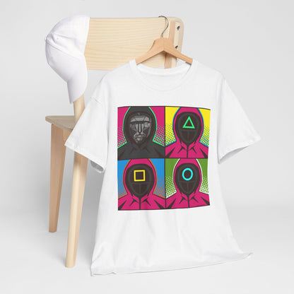 Squid Game Pop Art Unisex Men´s Women´s Graphic Cotton Funny T Shirt Tee styled with a matching cap, highlighting the dynamic graphic of masked characters.