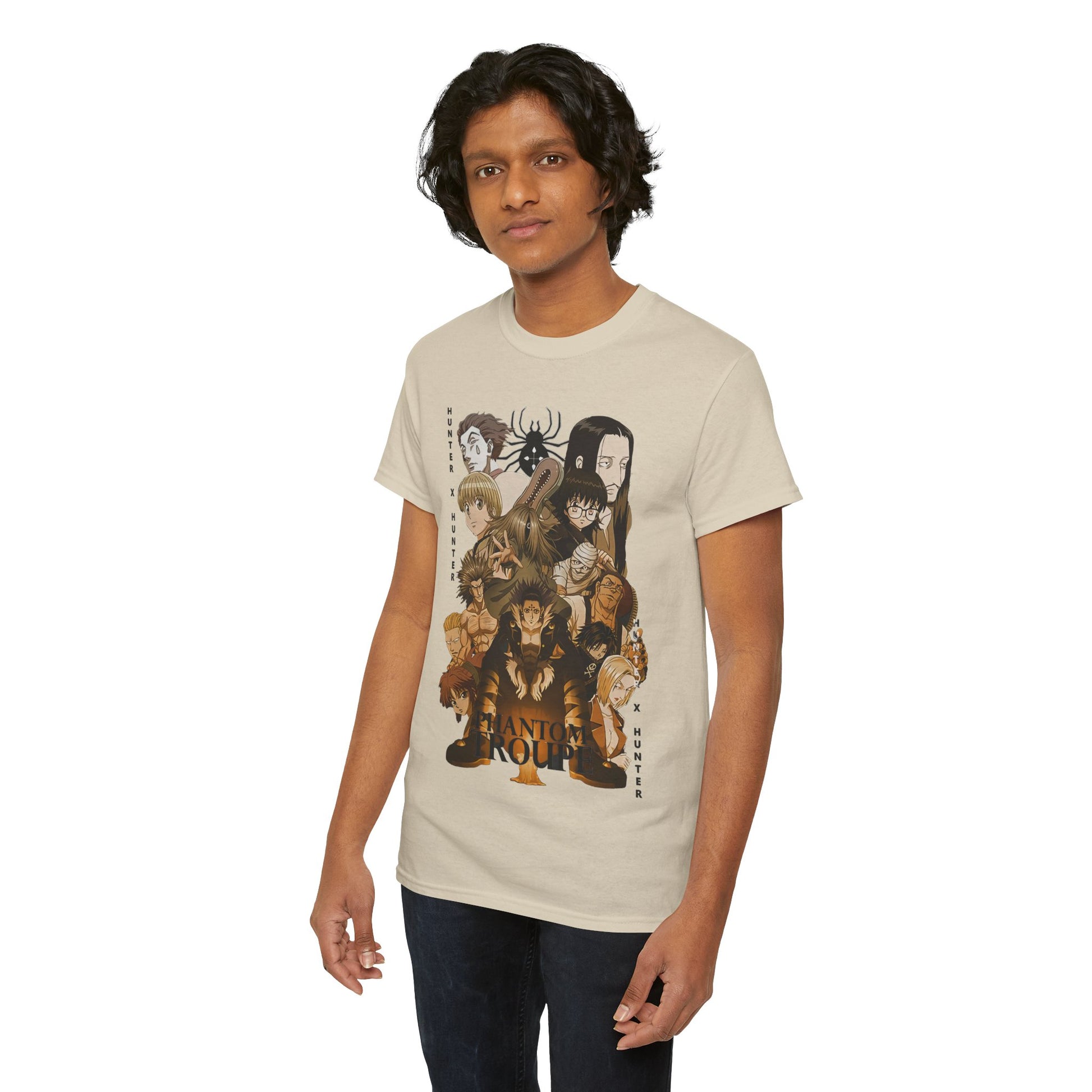 Male model showcasing the exquisite Phantom Troupe Hunter x Hunter t-shirt, presenting a sophisticated attire with iconic character illustrations.