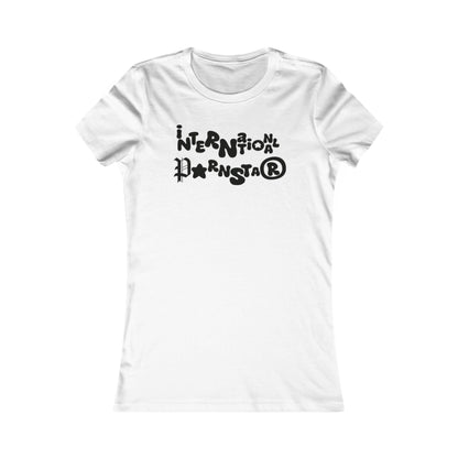 Luxurious white women's t-shirt featuring playful 'International Starlet' graphic design, embodying cheeky humour and feminine style.