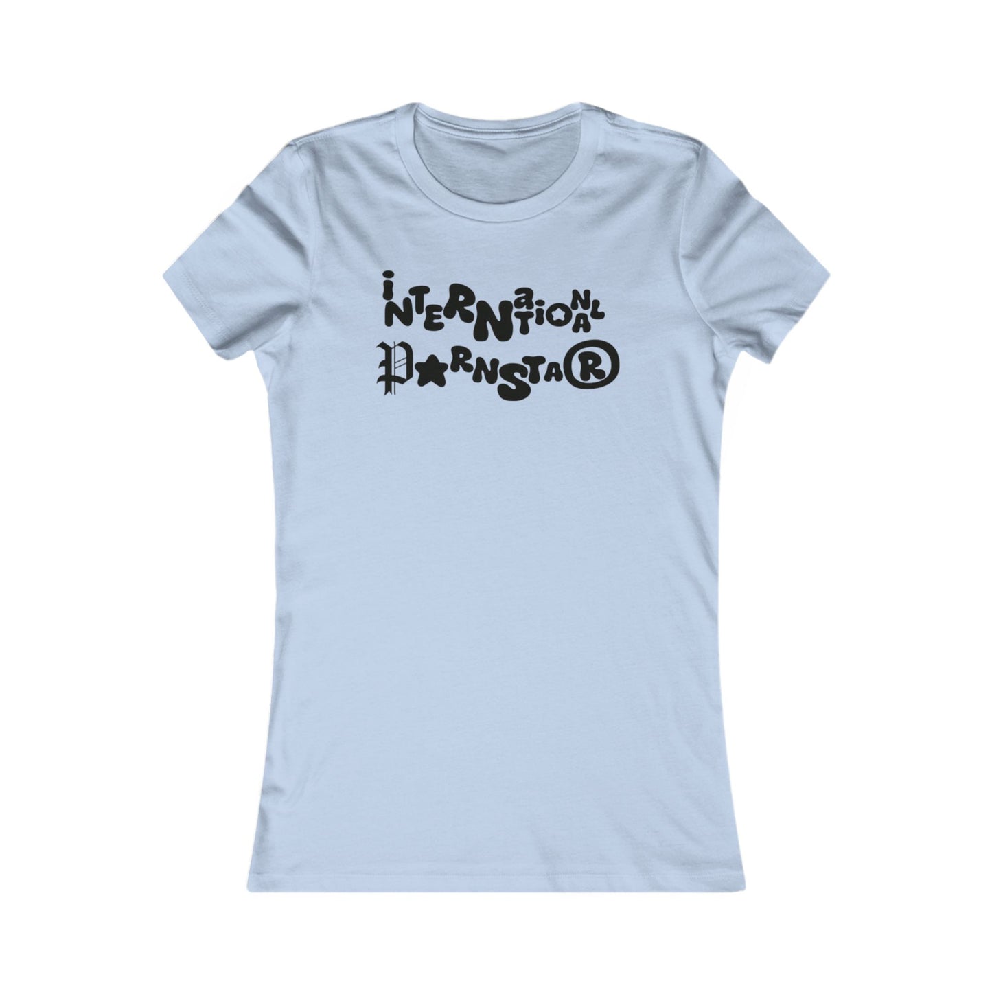 Charming International Star T-Shirt for Women in light blue showcasing the unique playful design with vibrant lettering, perfect for elevating your wardrobe.