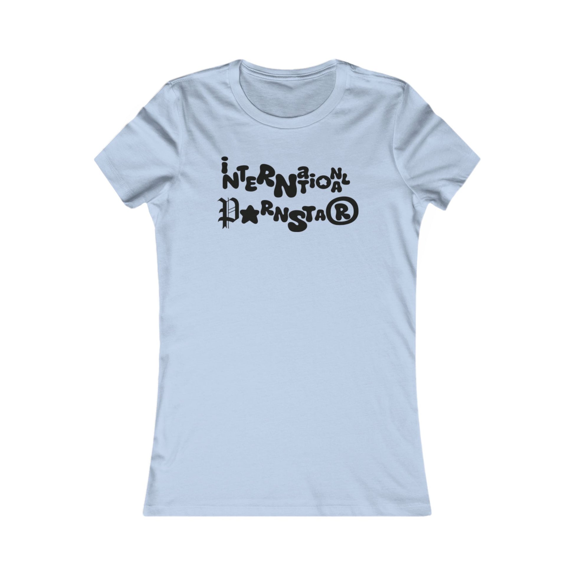 Soft light blue women's t-shirt adorned with stylish 'International Starlet' lettering, perfect for adding a playful touch to any luxury wardrobe.