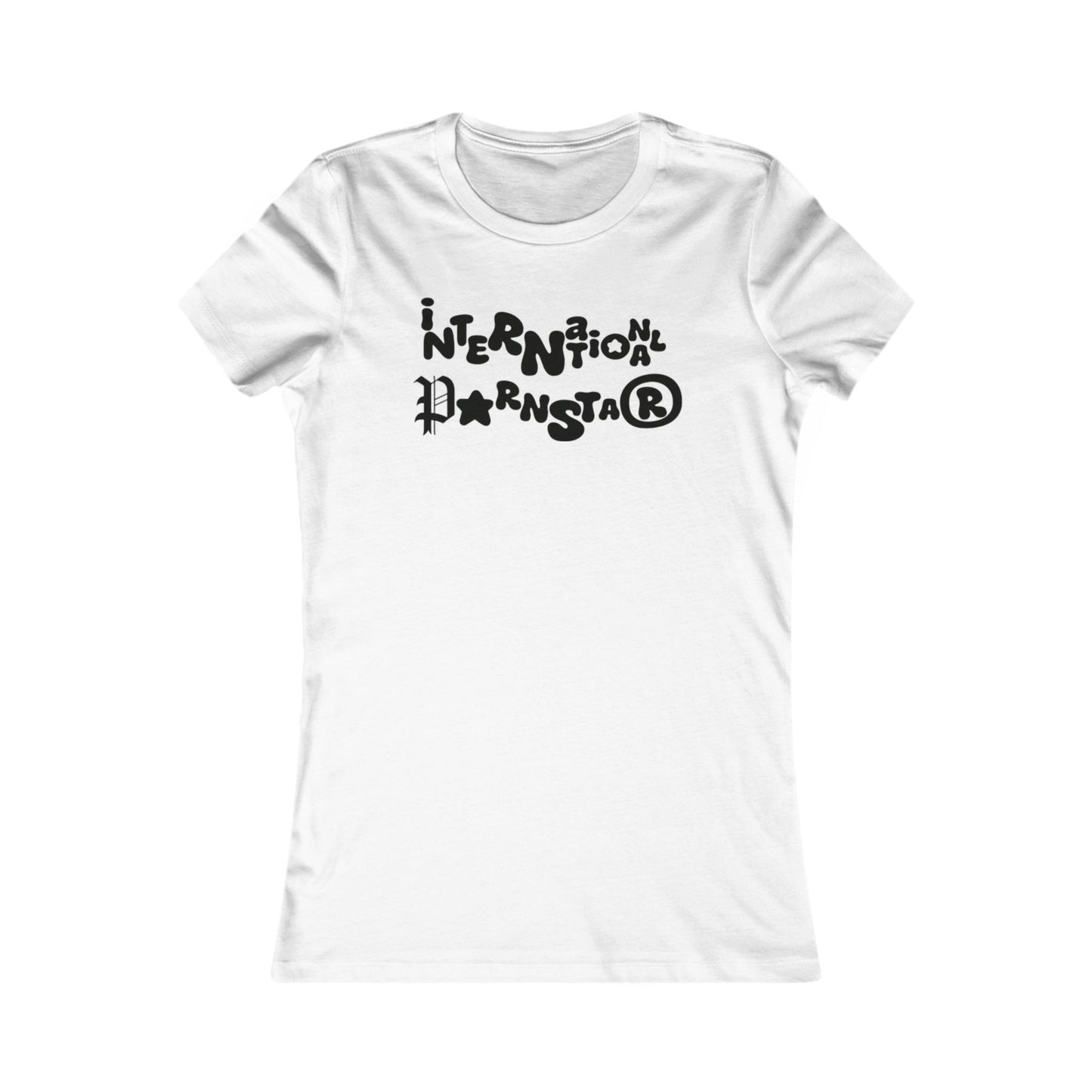 Luxurious white women's t-shirt featuring a playful design with the text 'International Parnstar®' in stylish black lettering, perfect for showcasing personality and charm.