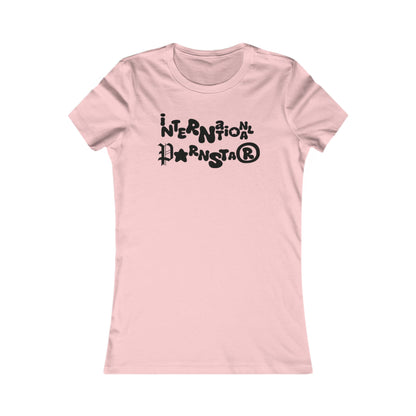 Graceful pink women's t-shirt adorned with the quirky 'International Starlet' graphic, offering a blend of playful humour and fashionable flair.