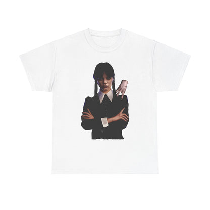 Elegantly designed unisex graphic tee showcasing Wednesday Addams alongside Thing, ideal for unique fashion statements.