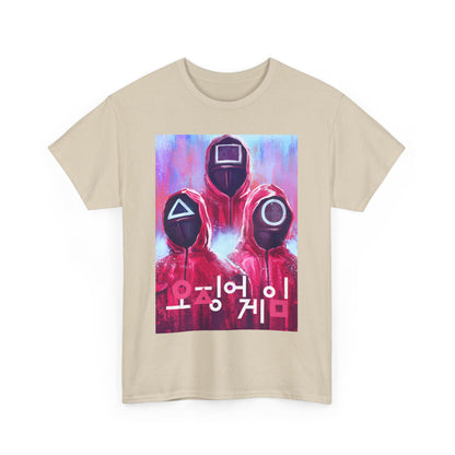 Chic unisex t-shirt adorned with a captivating Squid Game-themed graphic, displaying geometric shapes and vibrant colours, embodying a modern urban aesthetic.