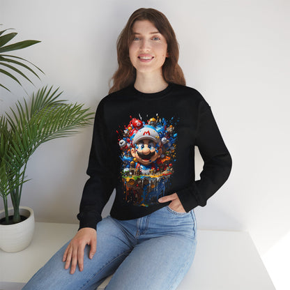 A chic woman wearing a black Computer Game Character Unisex Crewneck Sweatshirt featuring a vivid graphic design inspired by classic gaming characters, styled with light blue jeans against a minimalistic backdrop with green plants.