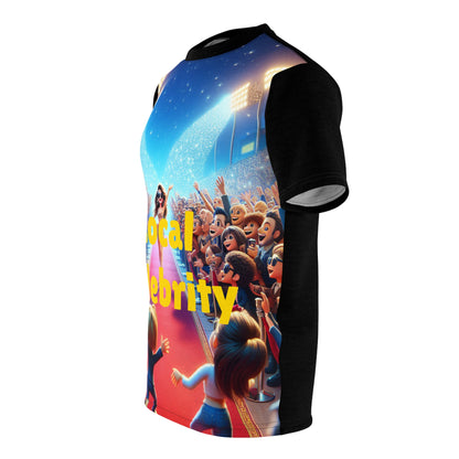 Fashionable woman wearing the Photorealistic Red Carpet T-Shirt by Dazzling Dreams Studio, perfectly styled for a chic day-to-night look.